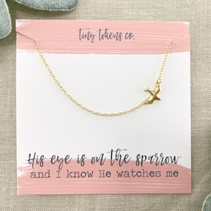 His Eye Is On The Sparrow, Bird Necklace, Wings, Flying Necklace, Jewelry with Card, Christian Gift, Hymn,