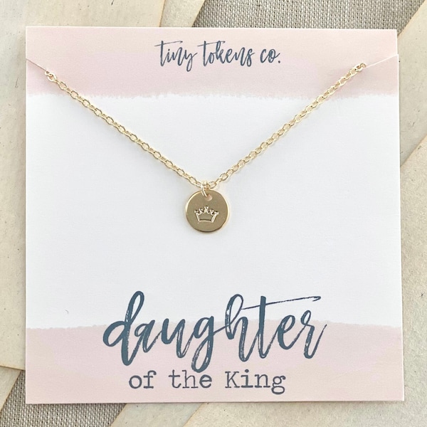 Daughter of the King Crown Necklace, Christian Gift, Princess, Small Group, Dainty Stamped Tiara, Gold Minimalist, Layering Necklace