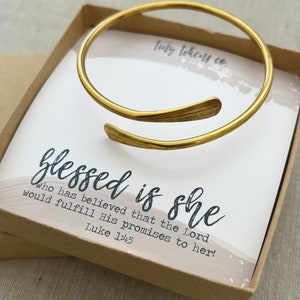 Blessed Is She Who Believed, Brass Bangle Bracelet, Luke 1:45, Christian Gift, Bible Verse Bracelet, Jewelry with Card, Minimalist Bracelet