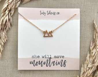 She Will Move Mountains, Mountain Necklace, Mountain Mover, Christian Gift, Dainty Necklace, Jewelry with Card, Graduation Gift