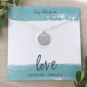 Love Crosses Oceans, Globe Necklace, Adoption Gift, Missionary Gift, Mission Trip, Travel, Map Jewelry, Necklace with Card