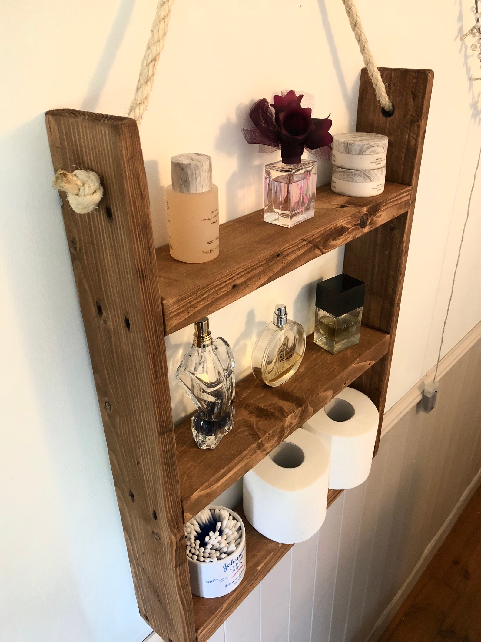 Rustic Hanging Ladder Shelf With Rope Wall Mounted Etsy
