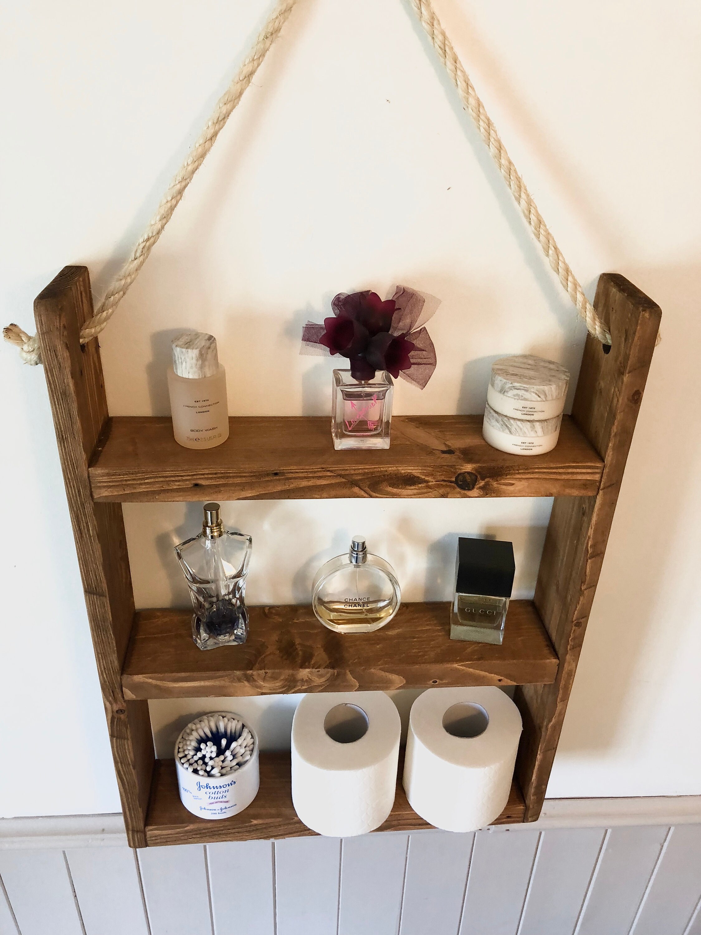 Rustic Hanging Ladder Shelf With Rope Wall Mounted Etsy