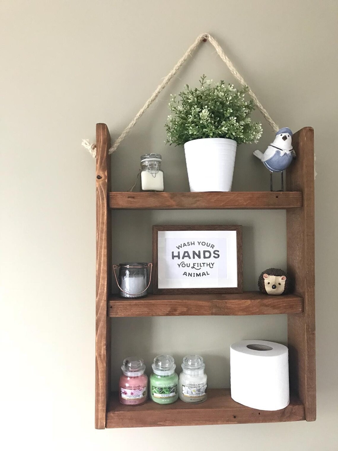 Rustic Hanging Ladder Shelf With Rope Wall Mounted Etsy