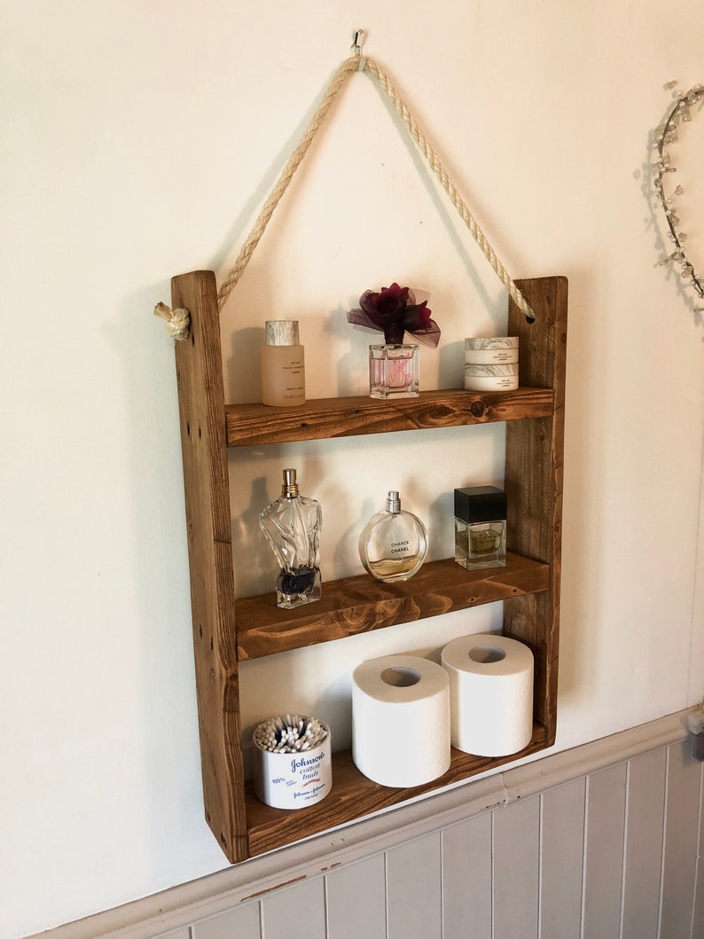 Rustic Hanging Ladder Shelf With Rope Wall Mounted Etsy