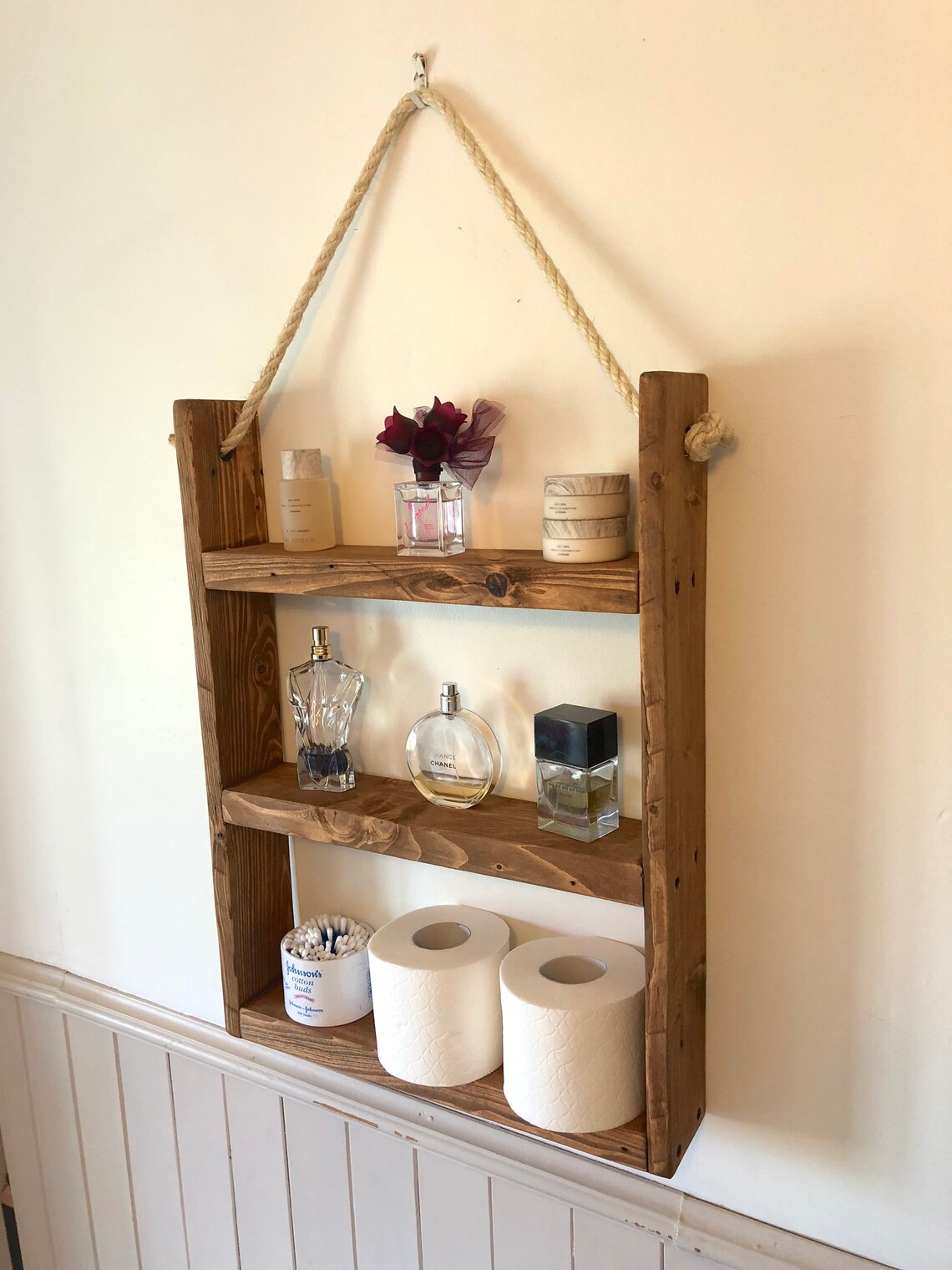 Rustic Hanging Ladder Shelf With Rope Wall Mounted Etsy