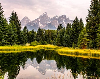 May include: A scenic view of a mountain range reflected in a still pond. The mountains are snow-capped and rise above a forest of evergreen trees. The water is calm and reflects the sky and the mountains.