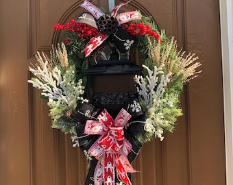 Xmas Lantern Wreath, Xmas Wreath with Lights, Christmas Lighted Wreath, Christmas Evergreen Decor, Xmas Evergreen Wreath, Lit Xmas Wreath