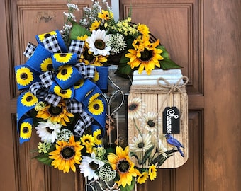 Sunflower wreath, Blue Sunflowers, Blue sunflower wreath, sunflower door wreath, sunflower door decor, Sunflower Grapevine, Blue sunflowers