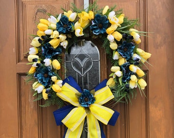 Pray for Ukraine wreath,I stand with Ukraine wreath,Spring tulip grapevine,yellow tulip wreath,ukraine door decor,spring yellow and blues
