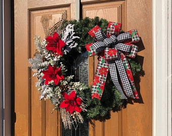 Poinsettia Wreath,Christmas buffalo check,poinsettia door wreath,xmas red and buffalo check,xmas poinsettia wreath,christmas evergreen