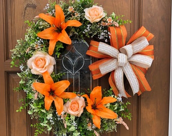 Orange floral wreath,orange flower wreath,spring floral wreath,spring floral grapevine,orange floral grapevine,spring door decor