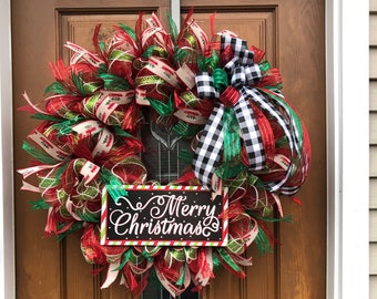 BuffalocheckChristmas,Christmasdoorwreath,Christmasdoordecor,MerryChristmaswreath,LargeChristmaswreath,Christmashomedecor,Buffalocheckdecor