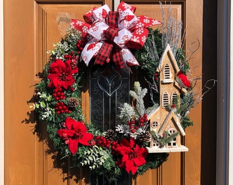 Holiday Church wreath,Christmas church wreath,Christmas redbird wreath,Christmas cardianl wreath,Christmas evergreen wreath,Holiday redbird