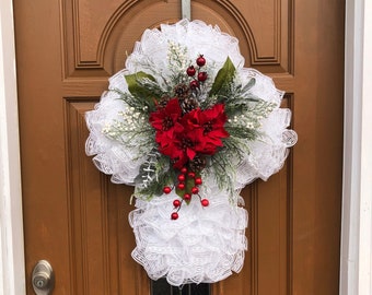 Christmas Cross Wreath,Christmas Cross Decor,Christmas Door Wreath,Christmas Door Decor,Red White Cross,Xmas Cross,Xmas Cross Wreath,Cross