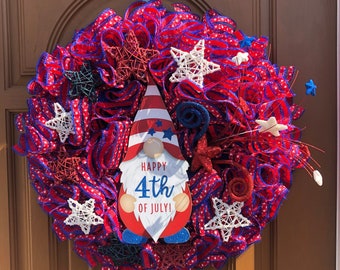 Patriotic Gnome Wreath,Patriotic Gnome,July 4th Door Wreath,July 4th Door Decor,Americana Door Wreath,God Bless the USA,Patriot Door Decor