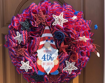 Patriotic Gnome Wreath,Patriotic Gnome,July 4th Door Wreath,July 4th Door Decor,Americana Door Wreath,God Bless the USA,Patriot Door Decor