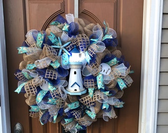 Lighthouse with Lights,Lit Lighthouse Wreath,Lighthouse Wreath,Lighthouse Door Decor,Lighthouse Lake Wreath,Lighthouse Home Wreath,