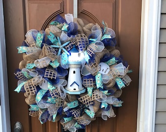 Lighthouse with Lights,Lit Lighthouse Wreath,Lighthouse Wreath,Lighthouse Door Decor,Lighthouse Lake Wreath,Lighthouse Home Wreath,