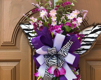 Butterfly Door Decor,Butterfuly Door Wreath,Zebra Print Door Wreath,Butterfly Floral Wreath,Purple Butterfly Florals,Butterfly Door Hanger