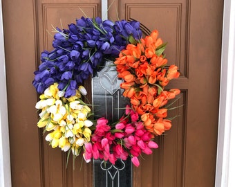 Multi Tulip Wreath,Spring Tulip Wreath,Tulip Door Wreath,Tulip Door Decor,Multi Colored Tulips,Spring Floral Wreath,Spring Floral Grapevine