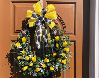 Yellow Rose Wreath,Yellow and Lavender Wreath,Spring Floral Wreath,Summer Floral Wreath,Spring Grapevine Wreath,Summer Grapevine Wreath