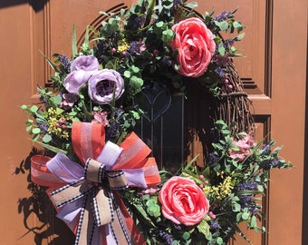 Spring Summer Wreath,Lavender Floral Wreath,Peach Floral Wreath,Everyday Door Wreath,Summer Door Wreath,Floral Door Grapevine,Hello Spring