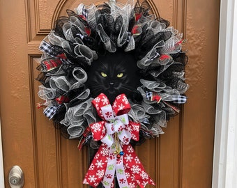 Christmas Cat Decor,Christmas Cat Wreath,Xmas Cat Wreath,Cat Wreath for Her,Cat Lovers Wreath,I Love Cats Decor,Black Cat Wreath,Meow Xmas