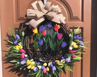 Tulip Door Wreath,Multi Color Tulip Decor,Spring Tulip Grapevine,Spring Tulip Wreath,Spring Tulip Door Decor,Tulip Door Decor,Welcome Spring