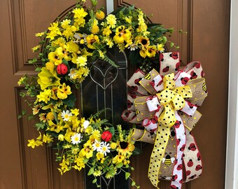 Bumblebee Summer Wreath,Ladybug Summer Wreath,Bumblebee Door Wreath,Summer Floral Wreath,Ladybug Door Wreath,Summer Door Decor,Bumblebees