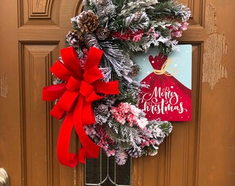 Winter Xmas Wreath, Flocked Berry Wreath, Christmas Door Decor, Merry Christmas Wreath, Xmas Evergreen Wreath, Holiday Door Decor