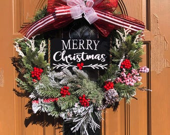 Merry Christmas Wreath, Elegant Xmas Wreath, Festive Xmas Wreath, Flocked Xmas Wreath, Snowy Xmas Wreath, Xmas Door Wreath, White Xmas Decor