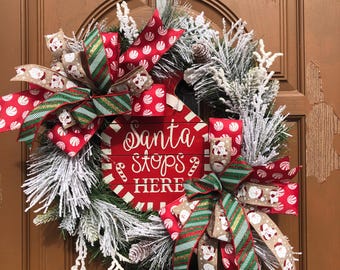 Santa Clause Wreath, Santa Stop Wreath, Santa Door Wreath, Santa Stop Here, Xmas Door Wreath, Xmas Flocked Wreath, Flocked Santa Wreath