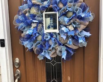Seashell Lantern Wreath, Lighthouse Lanter Wreath, Seashell Door Wreath, Lighthouse Door Wreath, Lighthouse Door Decor, Seashell Door Decor