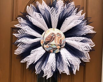 Winter Owl Wreath, Blue and White Winter Wreath, Snow Owl Wreath, Winter Snow Owl Wreath, Winter Door Decor, Winter Door Wreath