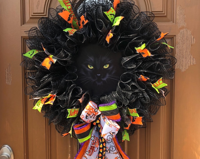 Featured listing image: Black Cat Wreath, Halloween Black Cat, Pink Halloween Cat, Halloween Cat Wreath, Whimsical Black Cat, Whimsical Halloween, Pink Black Cat