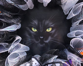 Black Cat Wreath,Black Cat Halloween,Halloween Cat Decor,Black Cat with Lights,Black Halloween Cat,Halloween Cat Wreath,I Love Black Cats