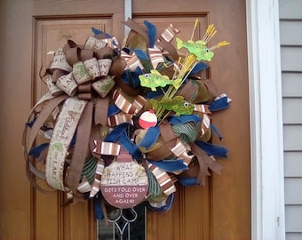Fathers Day Wreath, Fathers Day Gift, Gift for Him, Fisherman Wreath, Fishing Wreath, Fishing Wall Decor, Fish Door Decor, Fish Wall Decor