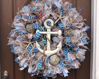 Seashell Door Wreath, Seashell Lake Wreath, Lake Seashell Wreath, Lake Anchor Wreath, Anchor and Shell Wreath, Lakehouse Wreath