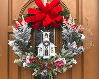 Christmas Church, Xmas Church Wreath, Xmas Winter Wreath, Flocked Xmas Wreath, Church Xmas Wreath, Winter Church Wreath, Merry Christmas