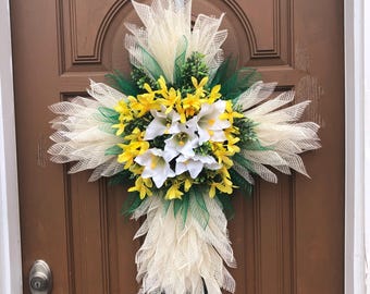 White Lily Cross, Lily Cross Wreath, Easter Lily Cross, Easter Door Wreath, Lily Door Wreath, Easter Cross Wreath, Easter Cross for Door