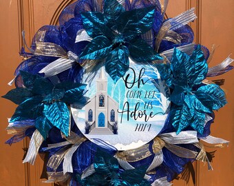 Christmas Church Wreath,Blue and White Xmas,Snowy Church Wreath,Christmas Door Wreath,Church Wreath for door,Xmas door wreath,Church decor