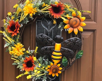 Bumblbee Grapevine Wreath,Yellow Bee Grapevine,Bee Wreath for Door,Summer Bee Wreath,Bumblebee Wreath,Summer Door Wreath,Summer Door Decor