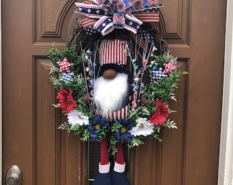 Patriotic Gnome Wreath,Patriotic Gnome,July 4th Door Wreath,July 4th Door Decor,July 4th Grapevine,Patriotic Door Wreath,July 4th Gnome Deco