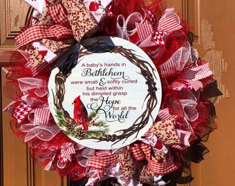 Redbird Wreath, Cardinal Xmas Wreath, Red White Wreath, Holiday Door Decor, Christmas Wreath, Christmas Cardinal, Winter Bird Wreath