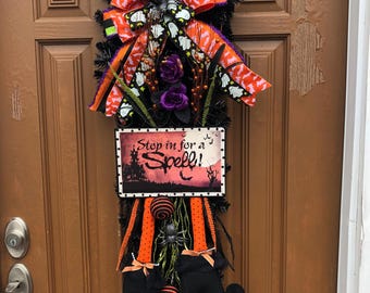 Halloween Door Swag, Witch Door Swag Funny Halloween, Black Halloween Swag, Witch Leg Door Decor, Halloween Door Decor, Comical Halloween