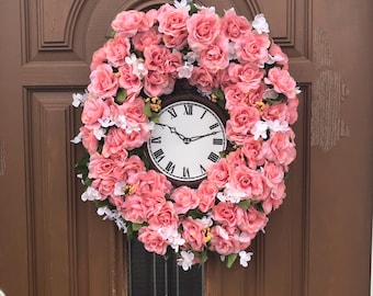 Rose Wall Clock, Clock Wall Wreath, Clock Wreath for Wall, Clock Home Decor, Floral Clock Wreath, Floral Wall Decor