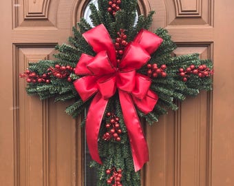 Christmas Cross Wreath, Christmas Cross with Lights, Xmas Cross with Lights, Christmas Cross Decor, Xmas Cross Wreath, Xmas Cross Decor