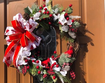 Winter Cardinal Wreath, Redbird Winter Wreath, Cardinal Xmas Wreath, Redbird Xmas Wreath, Xmas Winter Wreath, Snowy Cardinal Wreath