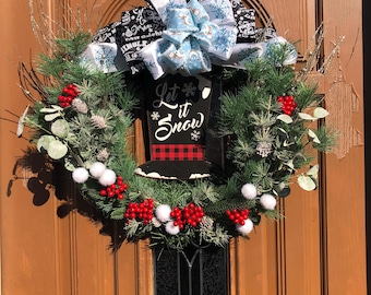 Let it Snow Wreath, Winter Snow Wreath, Snowy Winter Wreath, Xmas Snow Wreath, Xmas Door Wreath, Snowman Hat Wreath, Snowy Evergreen Wreath